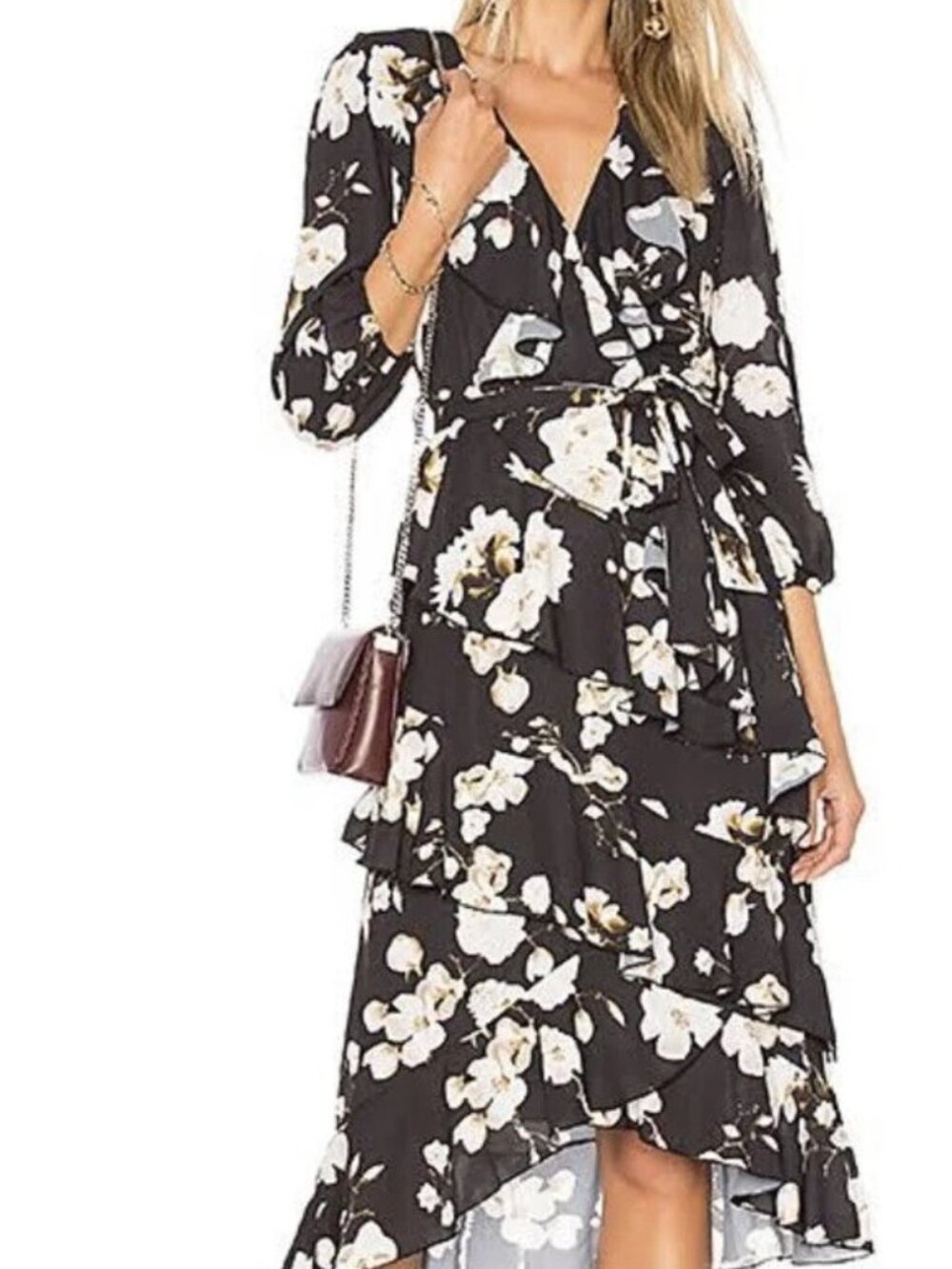 Alice + Olivia Kye Ruffle Floral Print Crepe Midi Dress - Picture 3 of 14